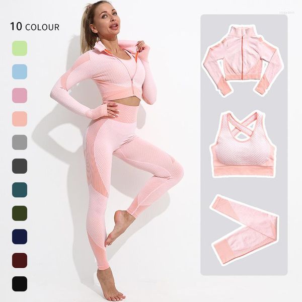 Set attivi 2-3 Set sportivo senza cuciture da donna Canotta Pantaloni da yoga monopezzo Manica lunga Mutande a vita alta con ombelico aperto