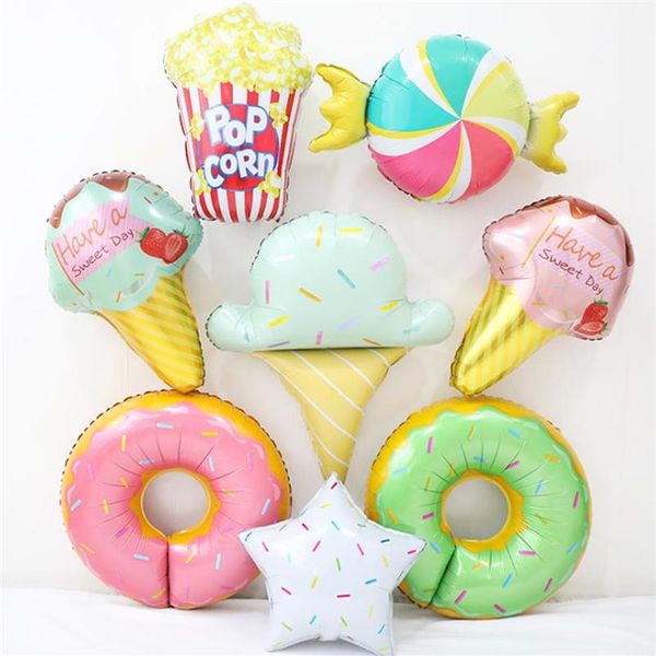 Украшение вечеринки пончики конфеты мороженое по попкорн Фольгарные шарики детское душ с днем ​​рождения украшения надувные гелиевые сладкие дети 293f