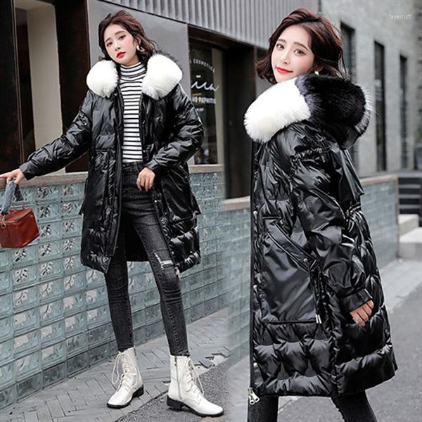 Trench Coats Feminino Branco Brilhante Duck Down Coat 2023 Inverno Coreano Solto Feminino Jaqueta com Capuz Engrossar Neve Quente Longo Parkas Sobretudo