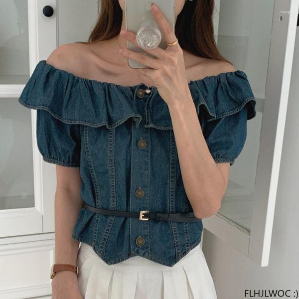 Damenblusen, kurzes Jeanshemd mit Gürtel, Sommer-Design, Damen, süße Japan-Mädchen, blaue Jeans, einreihige Hemden mit Knöpfen, FLHJLWOC