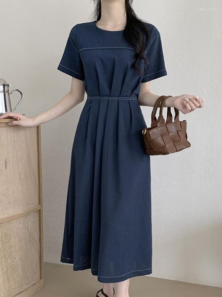 Abiti casual Moda coreana girocollo manica corta abito a metà polpaccio per le donne 2023 estate cotone lino increspato abiti da festa