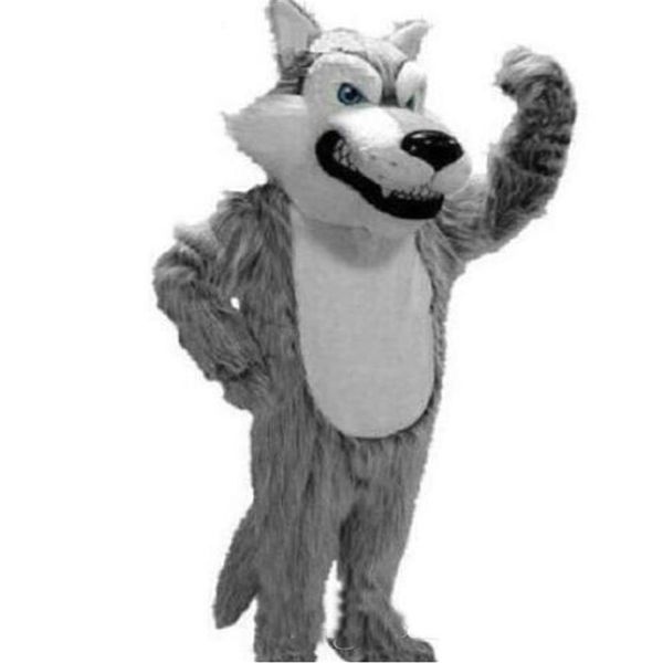 2018 alta qualidade lobo cinzento mascote trajes da mascote halloween desenhos animados tamanho adulto longo pelúcia lobo aniaml vestido de festa chique2464