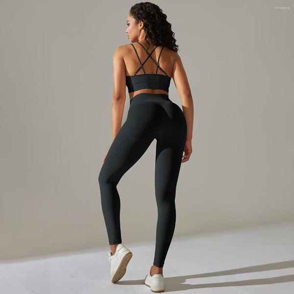 Conjuntos ativos Conjunto de ioga sem costura Roupas de treino femininas Academia Roupas esportivas Leggings de cintura alta push up Sutiã esportivo com tiras 2 peças