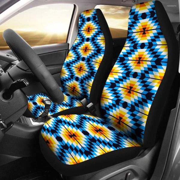 Pacote de capas de assento de carro coloridas laranja e azul com design asteca com 2 capas protetoras frontais universais