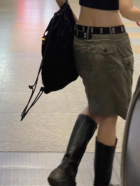 Vestido ensolarado y.j.y2k cinza carga saias bolsos cintura baixa grunge moda streetwear saias retas estéticas roupas coreanas chique novo