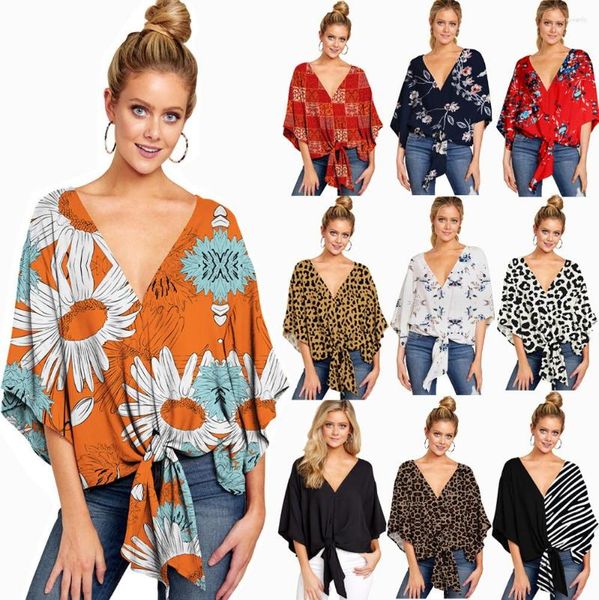 Männer Pullover Satin Bluse Frauen Mode Patchwork Druck Blusen Sexy Tiefem V-ausschnitt Langarm Gürtel Tops Elegante Weibliche Shirts