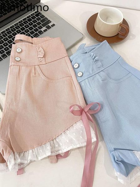 Pantaloncini da donna Kimotimo Summer Sweet Bow Lace Spliced Denim Women Fashion design coreano Pantaloni corti a vita alta a gamba larga Kawaii Casual