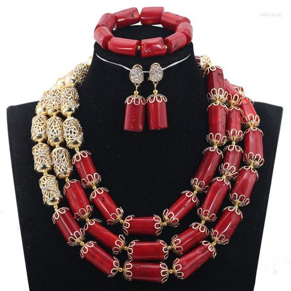 Conjunto de colar de brincos na moda contas de coral real pulseira de noiva 24 polegadas casamento nigeriano C2