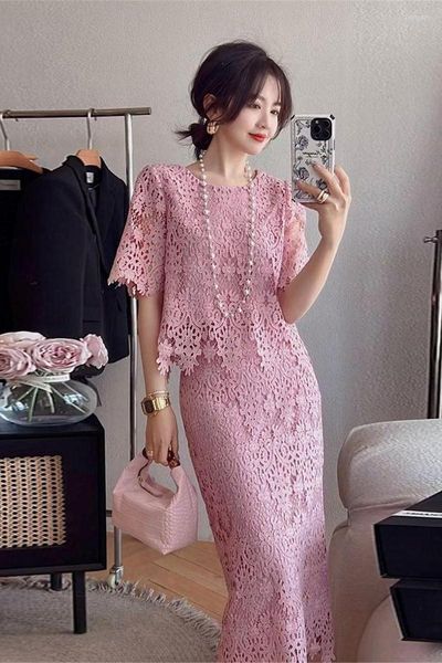 Arbeit Kleider Hohe Qualität Luxus Runway Elegante Zwei Stück Set Frauen Sommer Temperament Spitze Aushöhlen Top Lange Rock Anzüge