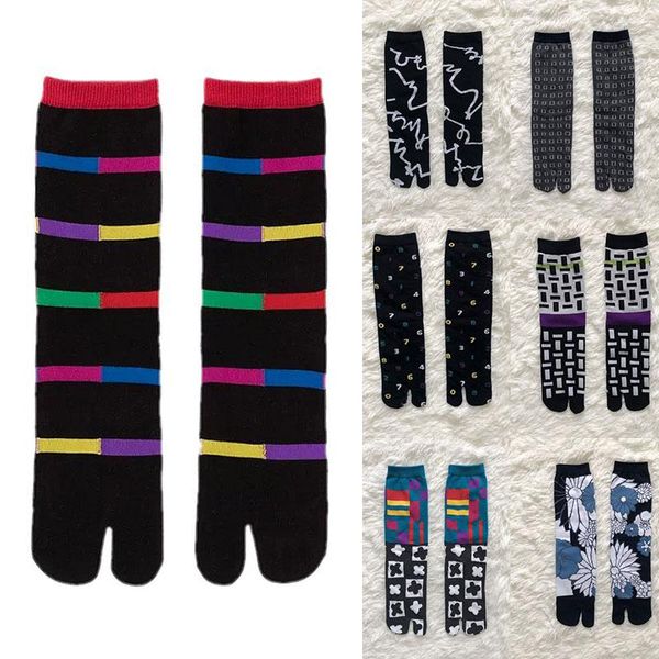 Damensocken, japanischer Kimono, Flip-Flop, Sandale, geteilter Zehenbereich, Tabi, 2 Fuß, Fingerabdruck, mittlere Wade, Baumwolle