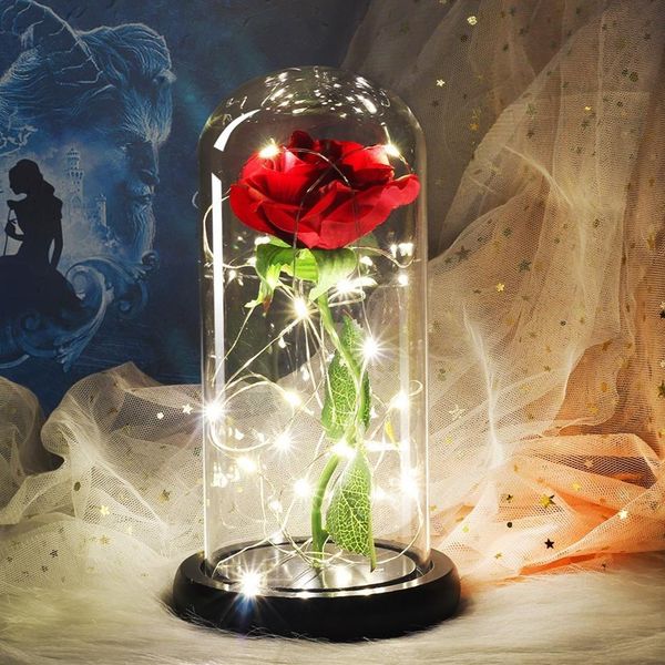 La bella e la bestia Fiore eterno Rosa in boccetta Decorazione di nozze Fiori artificiali in copertura di vetro per i regali di San Valentino293Q