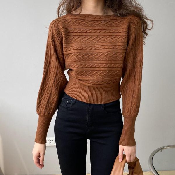 Suéter Feminino Chic Twisted Pattern Slash Neck Crop Sweater Para Mulheres Outono Inverno Pulôver Elegante Tricô Top Senhoras Manga Longa