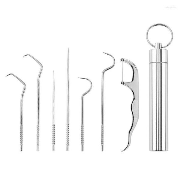 Aufbewahrungstaschen Dental Picks für die Zahnreinigung Tragbares Zahnset Wiederverwendbare Zahnstocher aus Metall mit Halter Picknick im Freien und Camping