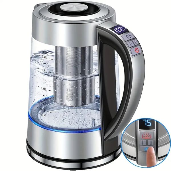 Chaleira elétrica, 1,8L 12 tipos de controle de temperatura, até 24 horas de isolamento, chaleira pote de água quente fogão filtro de aço inoxidável e tampa interna chaleira de vidro para café