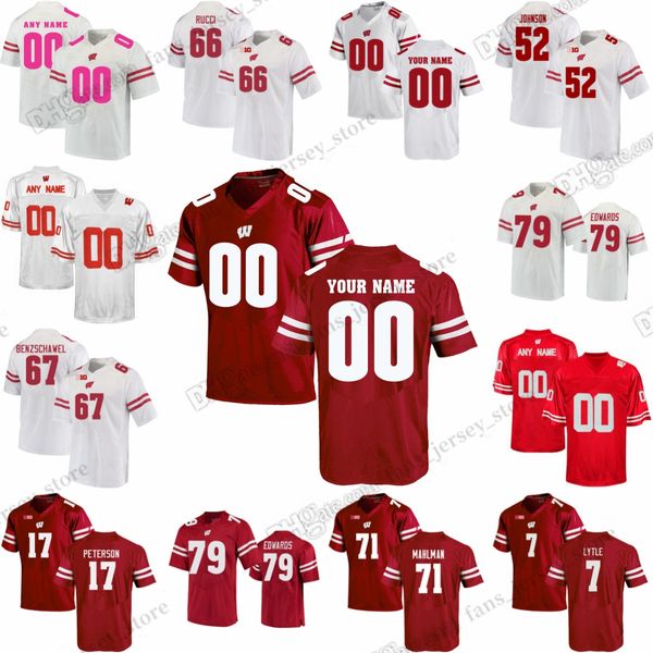 S-6XL Maglia da football NCAA Wisconsin Badgers College Sanborn Cephus Taylor Ferguson Baun Hornibrook Van Ginkel Watson Groshek Shaw Davis III Sanborn Watt Wilson