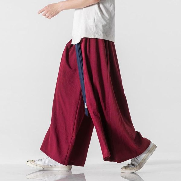 Мужские брюки 2023 летние мужчины хлопковое льняное белье с широкой ногой мужской китайский стиль главная улица брюки ханфу мужская большая драпированная промежностная одежда 3xl