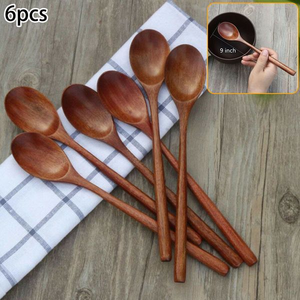 Cucchiai 6 pezzi Cucchiaio di legno Cucina di bambù Stile coreano 9 '' pollici Zuppa di legno naturale Stoviglie Cottura Miele Caffè Miscelazione 230714