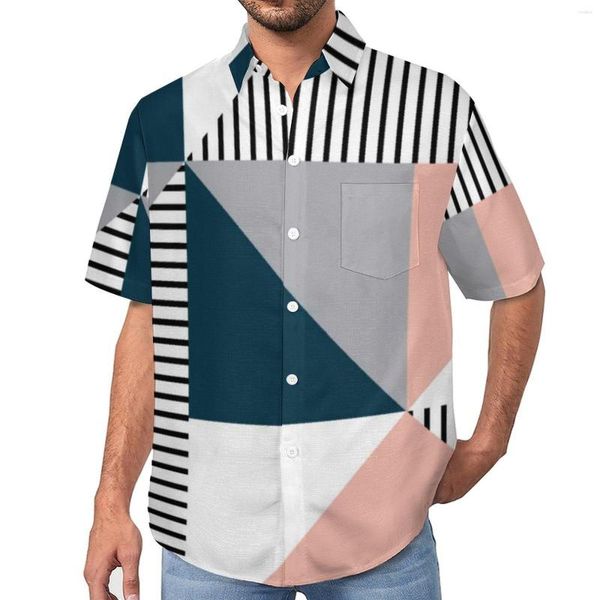 Camisas Casuais Masculinas Linhas Nórdicas Camisa de Praia Abstrata Geometria Colorida Havaiana Blusas Tendências Homens Manga Curta Roupas Plus Size