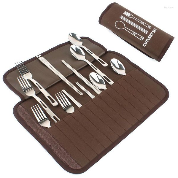 Geschirr-Sets, Camping-Geschirr, Aufbewahrungstasche, Besteck-Organizer, Rollenhalter, Leinen, Löffel, Stäbchen, Gabel, 12 Stück, Picknick-Tragetasche