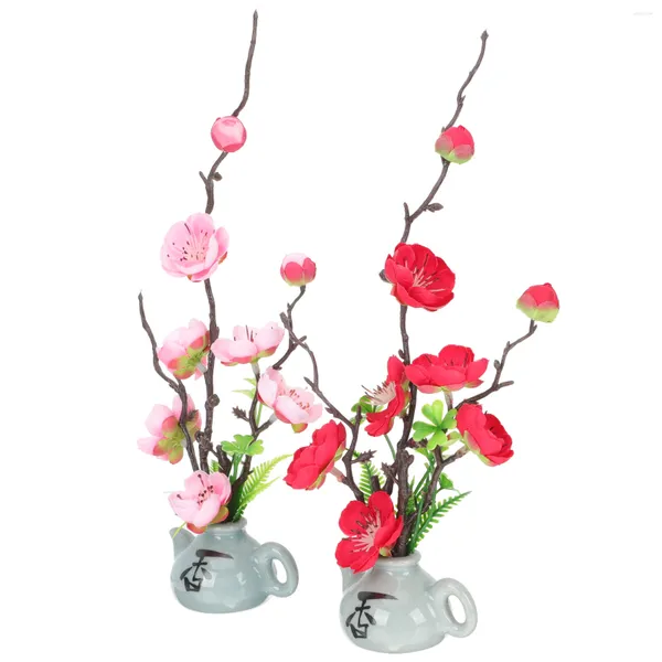 Flores decorativas 2 pçs Plantas de flor de ameixa asiática Goblincore Decoração de quarto Decoração de prato de haste Decoração de prato Ornamento de plástico Decorações de noiva