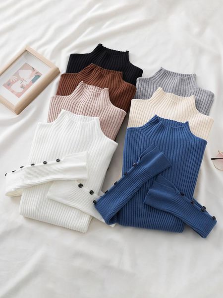 Damenpullover Damen Herbst Flare Sleeve Button Pull Jumper Top Koreanische Strickpullover Pullover Weiblich Einfache Mode