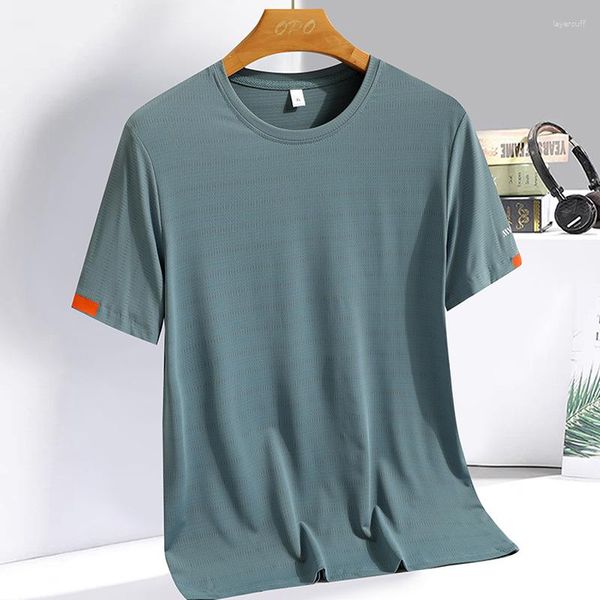 Erkek Tişörtleri Yaz Moda Yuvarlak Boyun Buz İpek Kısa Kollu T-Shirt Gevşek Günlük Hızlı Kurutucu Yüksek Elastik Serin Spor Top Tide