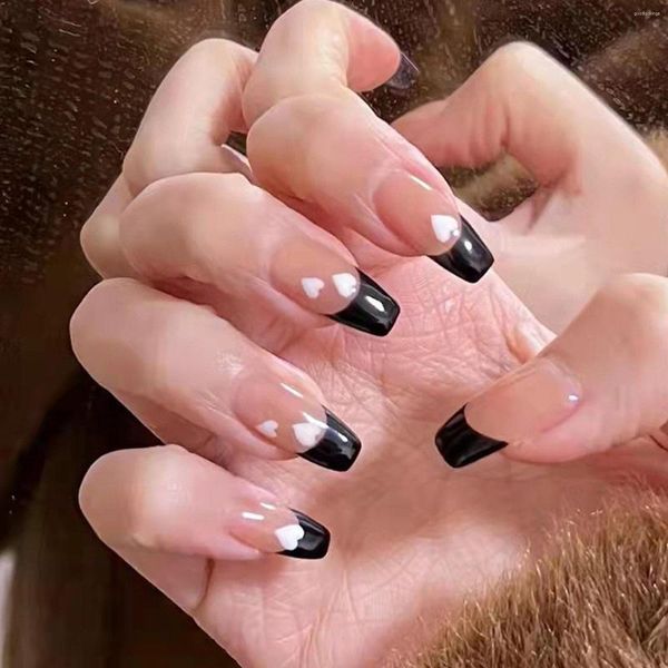 Unhas postiças 24 pçs Preta Francesa Com Amor Desenhos de Coração Vestivel Bailarina Longa Prensa Falsa no Caixão Pontas Completas para Unhas