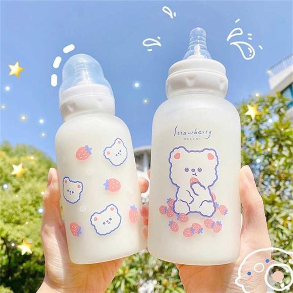 Nette Cartoon Erdbeere Bär Glas Schnuller Wasser Flasche Stroh Tasse Für Erwachsene Kinder Milch Frosted Flasche Baby Fütterung Flaschen 211220l