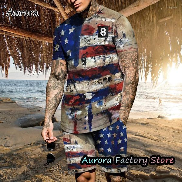 Conjunto de agasalhos masculinos para treino de verão, camiseta com bandeira americana e shorts, moda para corrida, roupa masculina, roupas grandes e casuais.