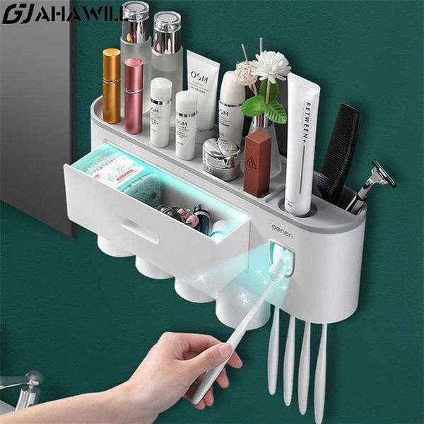 AHAWILL Porta spazzolino ad adsorbimento magnetico Tazza rovesciata Dispenser automatico per spremiagrumi per dentifricio Prodotto per il bagno di casa 211130332O