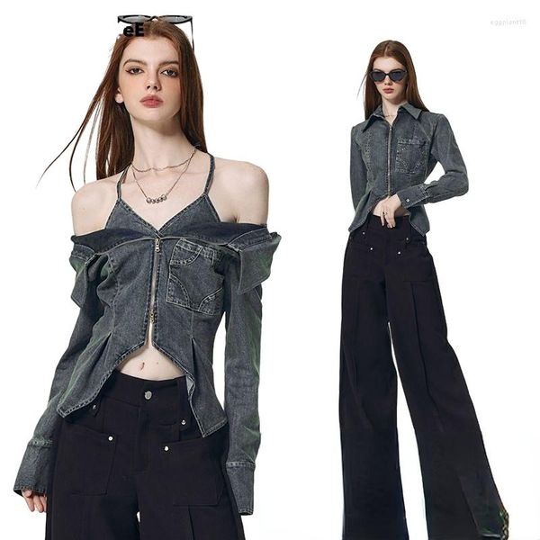 Женские блузки Hikigawa Chic Fashion Women Women Streetwear Sweet Cool Y2K Слоистые рубашки повседневная высокая талия Slit Slim Denim Jackets Top