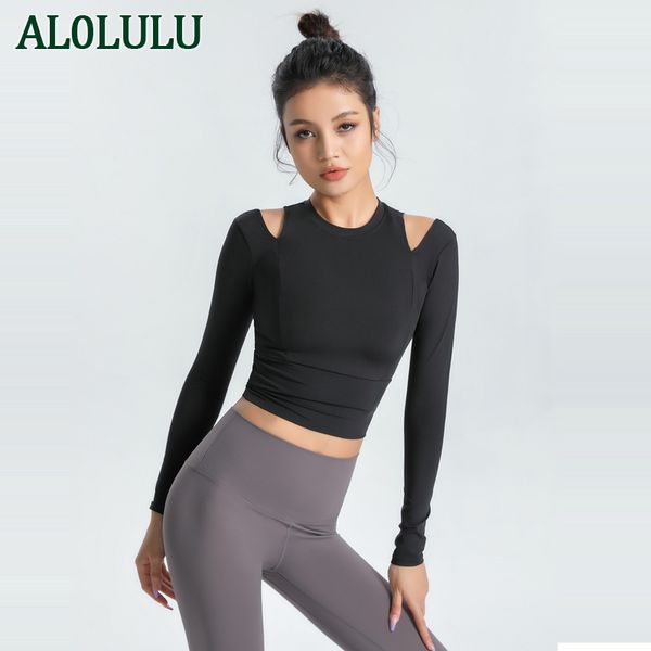 Al0lulu йога футболка с пупок, экспозиционная спортивная спортивная йога наряды женская эластичность и тонкие колготки быстро выдирающиеся футболки с фитнес-одеждой