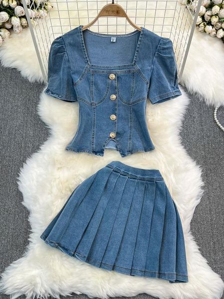 Vestidos de Trabalho Moda Feminina Ternos Jeans Conjuntos de Duas Peças Gola Quadrada Camisas de Manga Curta e Saia Jean 2 Verão Feminino