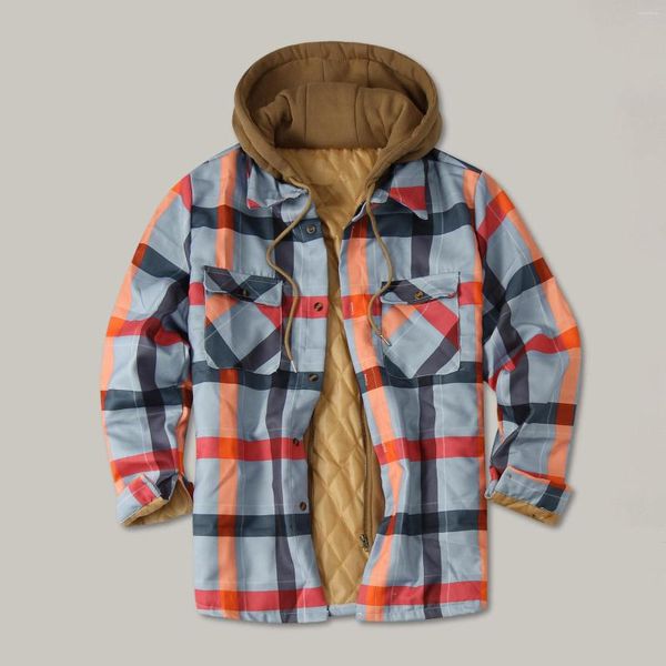 Trench da uomo Giacca alla moda Autunno e inverno Capispalla Scozzese Tasca con risvolto Camicia ampia imbottita con cappuccio Top Uomo all'aperto