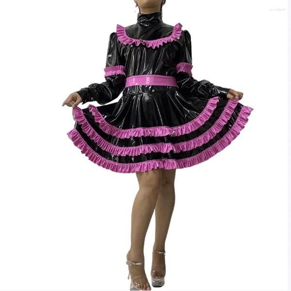 Vestidos casuais com trava e babados Lolita mini vestido evasê Sissy PVC couro gola alta manga longa ruched fantasia de empregada doméstica para festa de Halloween