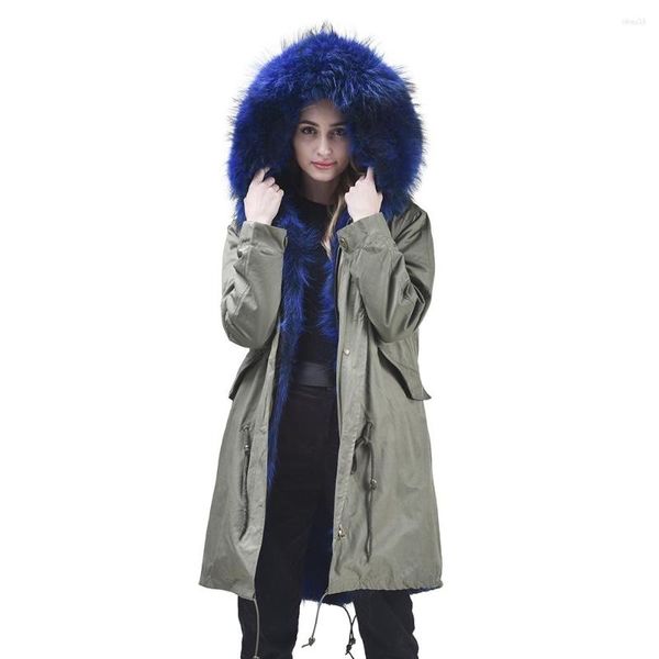 Trench da donna Giacca JANEFUR da donna 2023 Parka lungo con collo in vera pelliccia di procione Moda spessa calda Foderata invernale Donna invernale