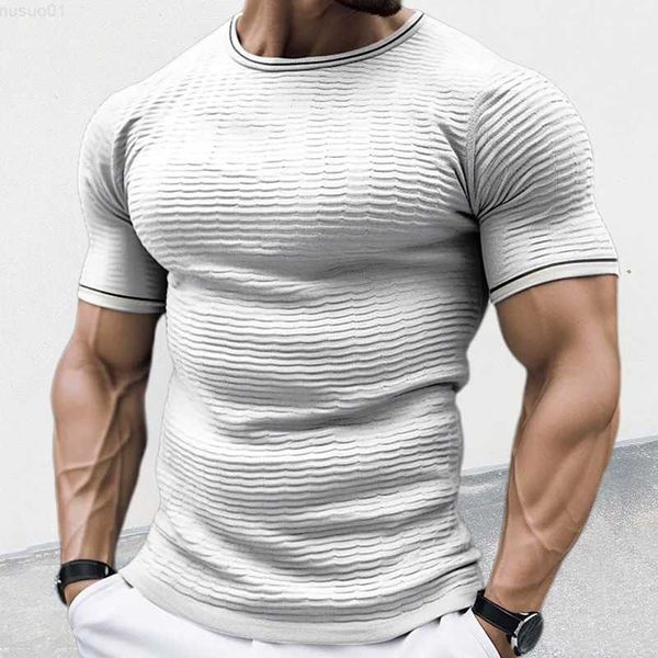 Herren T-Shirts Mode Herren Slim Fit Strick T-Shirt Solid Edge Stripe O-Ausschnitt Kurzarm T-Shirt Strickwaren Sommer Casual T-Shirts Muskel Herren Kleidung L230715