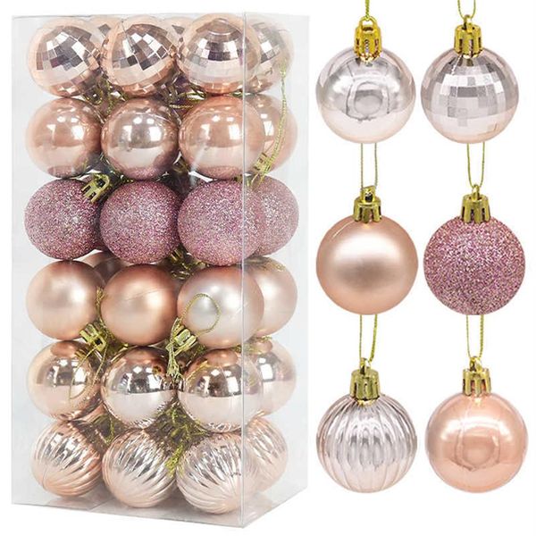 36Pcs Palle di Natale in plastica oro rosa Ornamento 4cm Ciondolo appeso Palla Coperta Capodanno Albero di Natale Decorazioni per la casa Decorazioni natalizie P254O