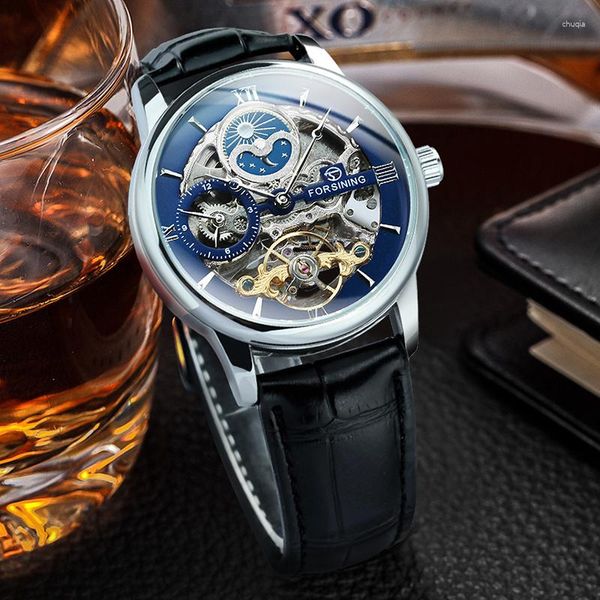Нарученные часы классические мужчины скелетоны Watch Automatic Tourbillon Watches Mens Top Top Leather Band Money Phase Mechanical Clock