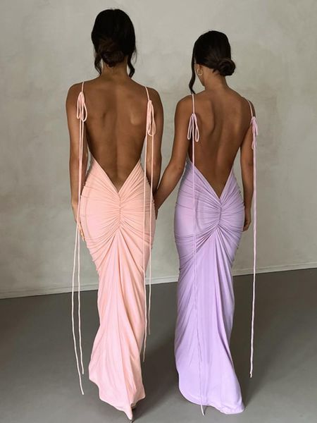 Cover-up Sommer rückenfreies Maxikleid für Damen, sexy Spaghettiträger, figurbetontes Kleid, elegante Mode, gerüscht, lange Abendparty-Kleider, 2023, Rosa