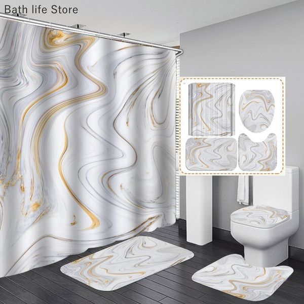 Duschvorhänge, Marmor-Duschvorhang-Set, moderner Weißgold-Badezimmervorhang, 3D-Deluxe-Toilettendeckel, Polyester-Stoff, Badezimmer-Zubehör-Set 230714