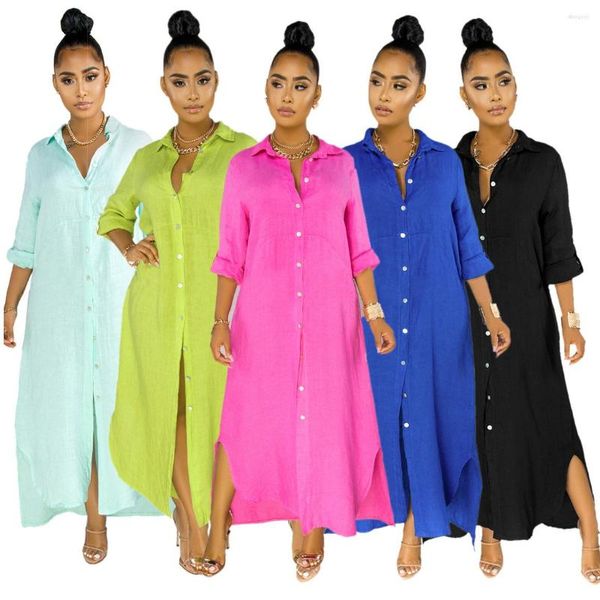 Casual Dresses Langes Hemdkleid Frauen Ärmel Maxi Laides Umlegekragen Lose Strickjacke Streetwear Robe