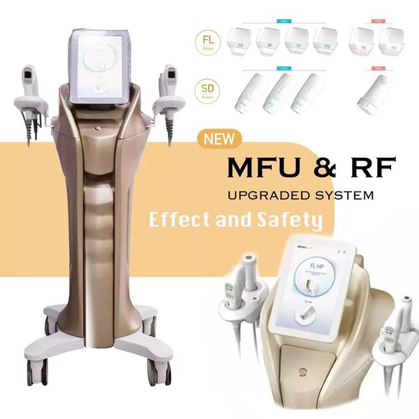 Double Gold Hifu MFU con macchina per la rimozione della cellulite facciale RF hifv che stringe la macchina per il sollevamento della pelle a corrente ultrasonica Hifu per il sollevamento della pelle