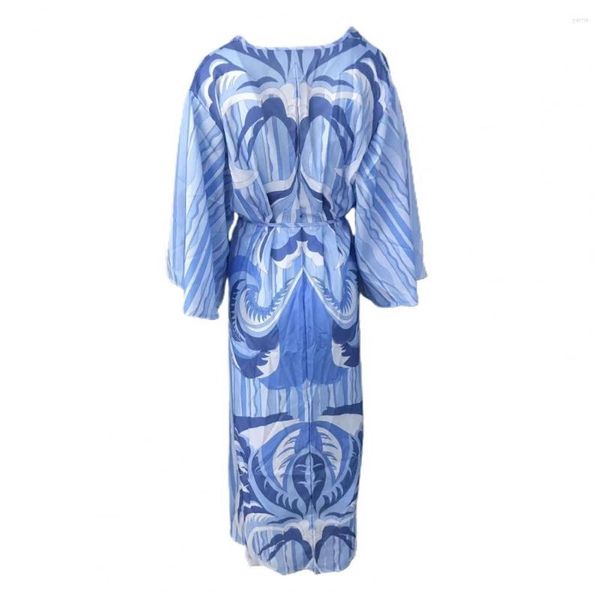 Vestidos Casuais Vestido Maxi Boho Convidado de Casamento Estampa Boêmia Decote em V Laço Praia Manga Batwing 3/4 Abotoamento Único Até o chão