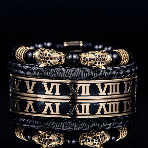 Conjunto de luxo Pulseiras masculinas Dupla cabeça de leopardo Esmalte feito à mão com algarismos romanos Bangles Corda Fivela Contas de pedra Jóias