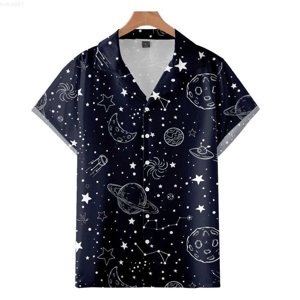 Camisas Masculinas Fashion Cuban Haiian Moon Star Pattern Panels Shirt 3D Print Aconchegante Casual Manga Curta Praia Roupas Grandes L230718