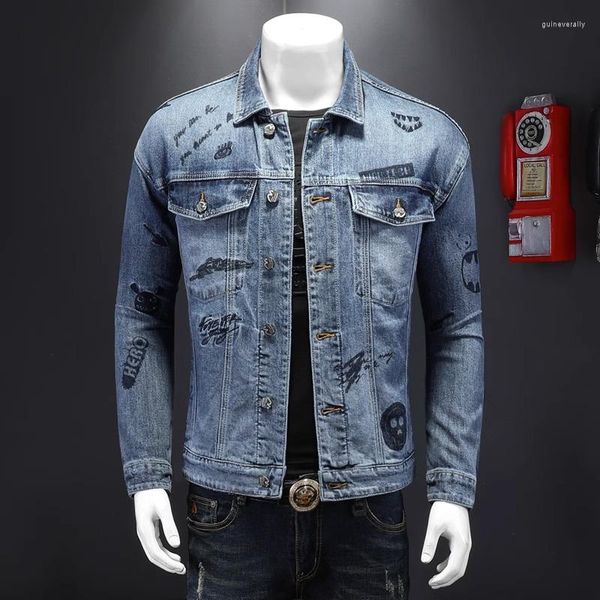 Giacche da uomo Giacca di jeans con ricamo graffiti Moda Trend Personalità Risvolto Cappotto da cowboy Abbigliamento casual primavera autunno