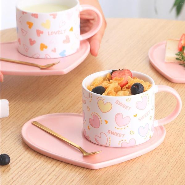 Кружки розовый милый сериал керамический персиковой чашка чашка прекрасная пара с ложкой для домашнего офиса кофейное молоко