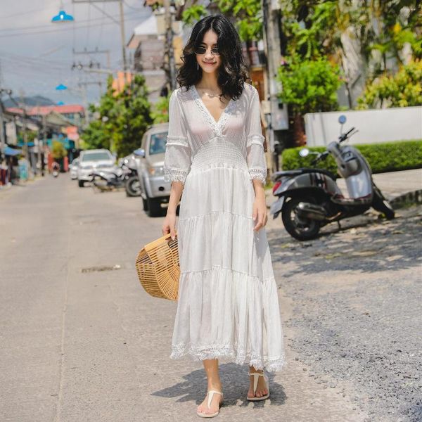 Parti Elbiseleri Yaz Elbise Boho Peri Prenses Beyaz Kadınlar Bohem Tatil Püskül Tatlı Maxi Mujer Vestidos V-Neck