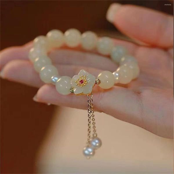 Charm Bracelets Moda Imitação Jade Cherry Blossom Para Mulheres Meninas Estilo Chinês Flor Cristal Frisado Pulseira Amizade Jóias